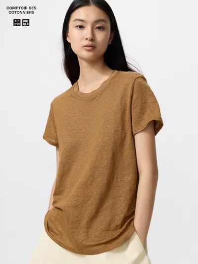 Uniqlo Women's Linen T-shirt Brown Small  Us In Blue