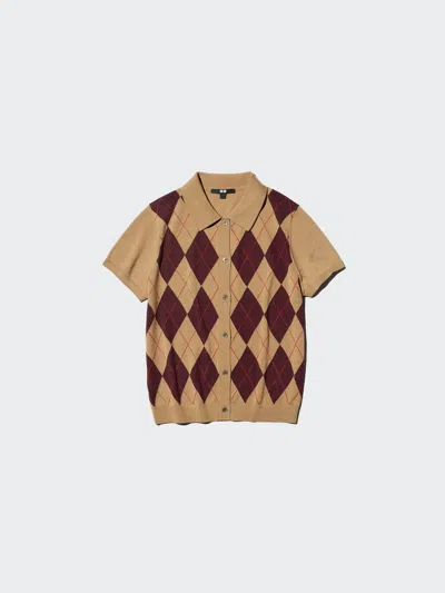 Uniqlo Women's Merino Blend Polo Cardigan Short Sleeve Argyle, Brown, 2xl In Animal Print