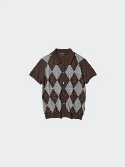 Uniqlo Women's Merino Blend Polo Cardigan Short Sleeve Argyle, Dark Brown, Medium In Black