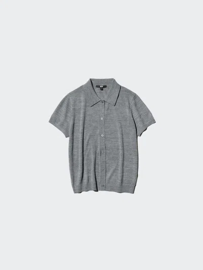 Uniqlo Women's Merino Blend Polo Cardigan Short Sleeve, Gray, Xl