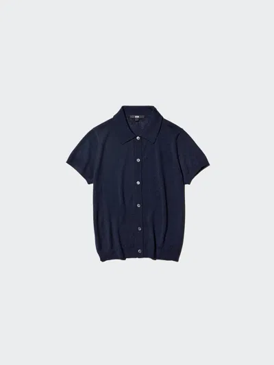 Uniqlo Women's Merino Blend Polo Cardigan Short Sleeve, Navy, Xl In Blue