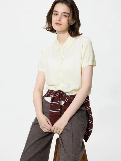 Uniqlo Women's Merino Blend Polo Cardigan Short Sleeve, Off White, 2xs