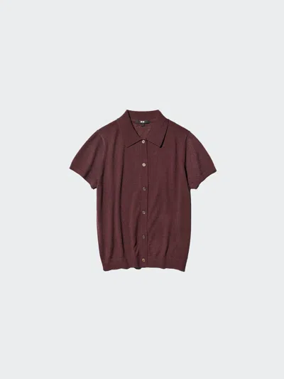 Uniqlo Women's Merino Blend Polo Cardigan Short Sleeve, Wine, Xl In Brown