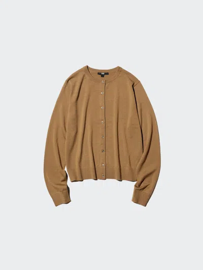 Uniqlo Women's Merino Cardigan With Shape-retaining, Brown, Small, 100% Wool