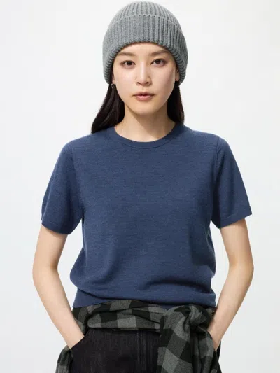Uniqlo Women's Merino Sweater Short Sleeve, Blue, 2xs