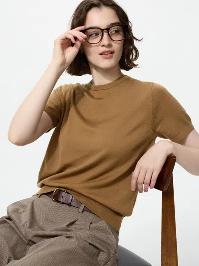 Uniqlo Women's Merino Sweater Short Sleeve, Brown, Xl