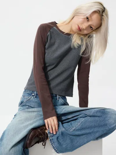 Uniqlo Women's Mini T-shirt Long Sleeve Raglan, Brown, 2xs In Multi