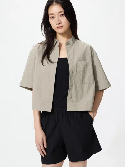 Uniqlo Women's Nylon Boxy Shirt Half Sleeve, Beige, Xl In Green