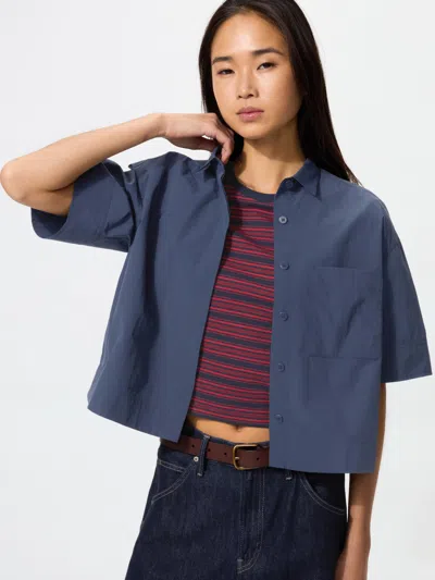 Uniqlo Women's Nylon Boxy Shirt Half Sleeve, Navy, Xl In Blue