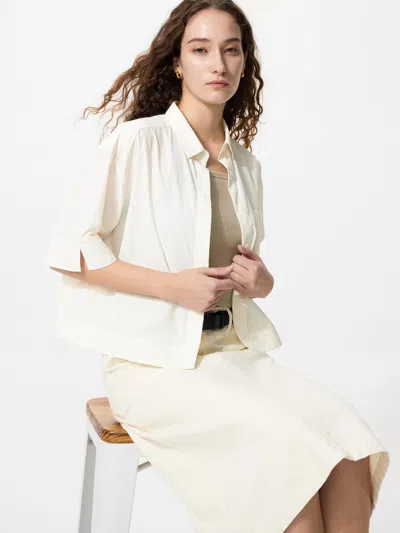 Uniqlo Women's Nylon Boxy Shirt Half Sleeve, Off White, Large
