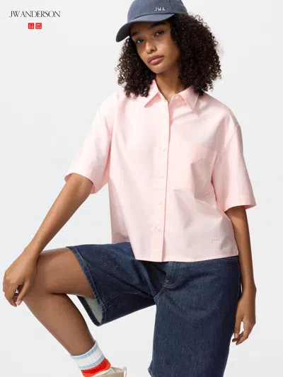 Uniqlo Women's Oxford Boxy Short Sleeve Shirt Pink Medium  Us