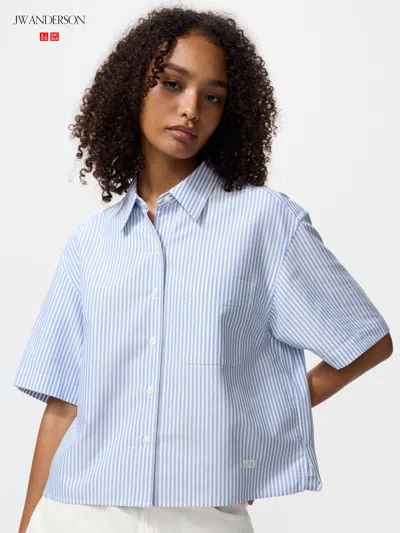 Uniqlo Women's Oxford Boxy Short Sleeve Shirt Striped Blue Xl  Us