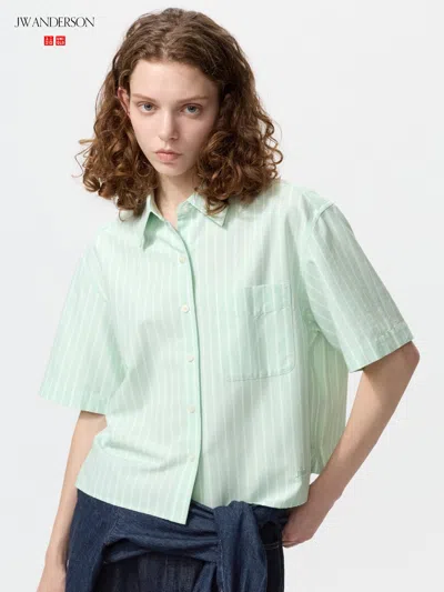 Uniqlo Women's Oxford Boxy Short Sleeve Shirt Striped Green 2xl  Us In Metallic