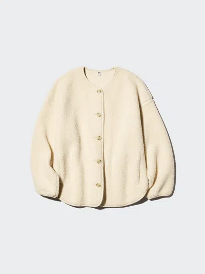 Uniqlo Women's Pile Lined Fleece Relaxed Cardigan, Off White, 2xs In Multi