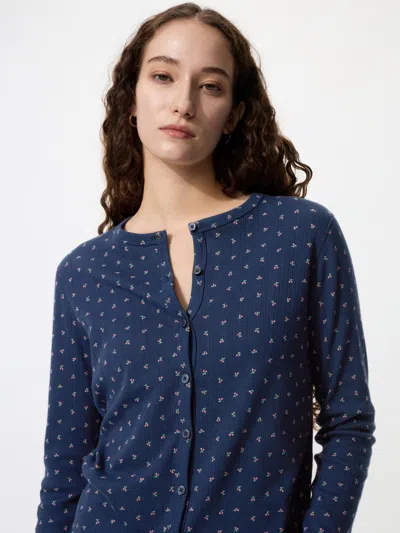 Uniqlo Women's Pointelle Cardigan Printed Navy Small Denim  Us In Blue