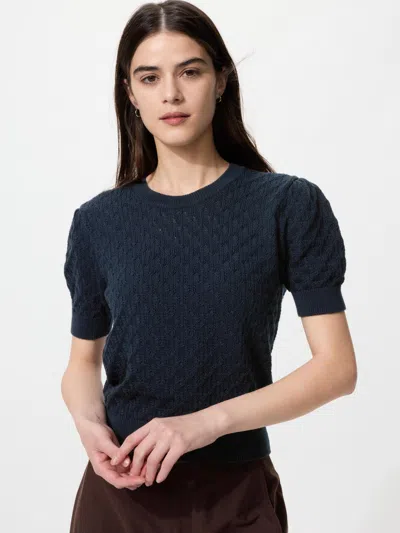 Uniqlo Women's Pointelle Sweater Short Sleeve Navy Xl 100% Cotton  Us In Blue