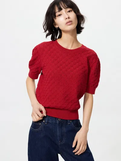 Uniqlo Women's Pointelle Sweater Short Sleeve Red Xl 100% Cotton  Us