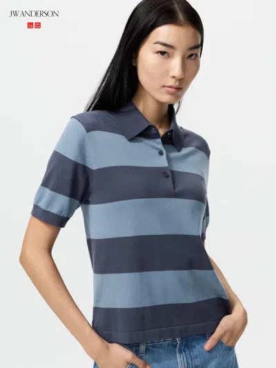 Uniqlo Women's Polo Short Sleeve Sweater Striped Navy Xl  Us In Multi