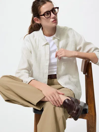 Uniqlo Women's Premium Linen Shirt Striped Beige Xl  Us In White