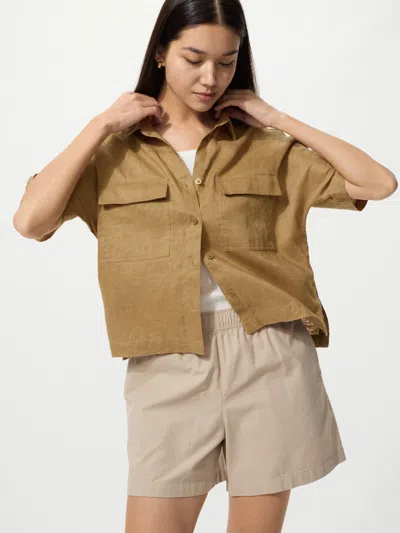 Uniqlo Women's Premium Linen Skipper Boxy Shirt Short Sleeve Brown Large  Us