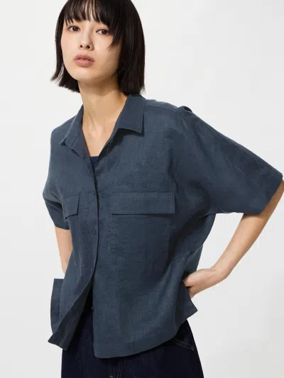 Uniqlo Women's Premium Linen Skipper Boxy Shirt Short Sleeve Navy 2xl  Us In Blue