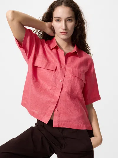 Uniqlo Women's Premium Linen Skipper Boxy Shirt Short Sleeve Pink 2xl  Us