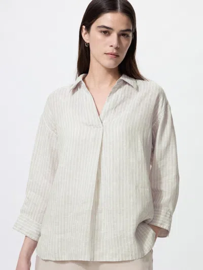 Uniqlo Women's Premium Linen Skipper Collar 3/4 Sleeve Shirt Striped Beige 2xl  Us In Neutral
