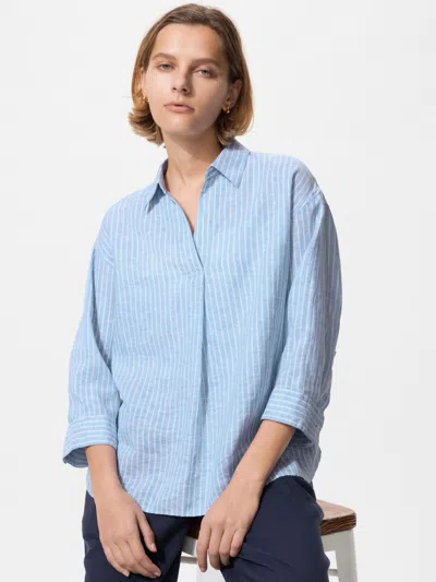 Uniqlo Women's Premium Linen Skipper Collar 3/4 Sleeve Shirt Striped Blue 2xl  Us