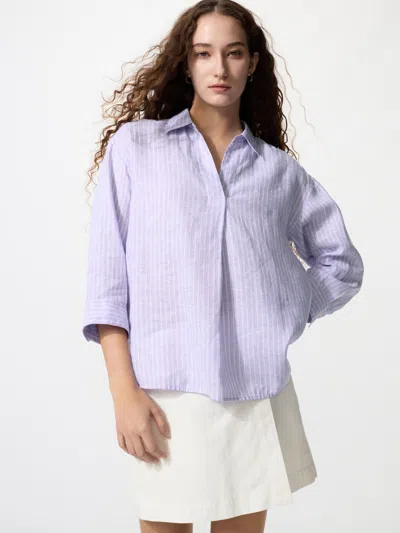 Uniqlo Women's Premium Linen Skipper Collar 3/4 Sleeve Shirt Striped Purple Small  Us In Red