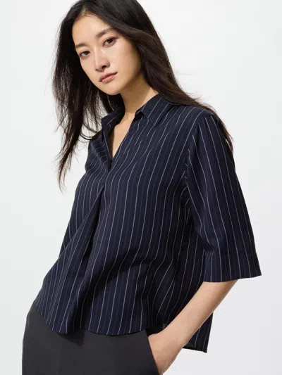 Uniqlo Women's Rayon Skipper Collar 3/4 Sleeve Blouse Striped Navy Xl  Us In Blue