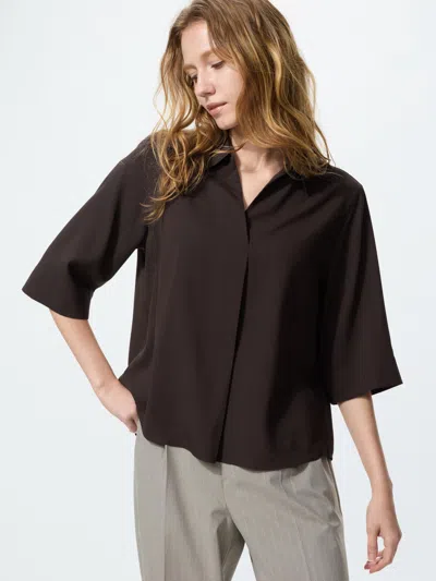 Uniqlo Women's Rayon Skipper Collar Blouse 3/4 Sleeve Dark Brown Xl  Us