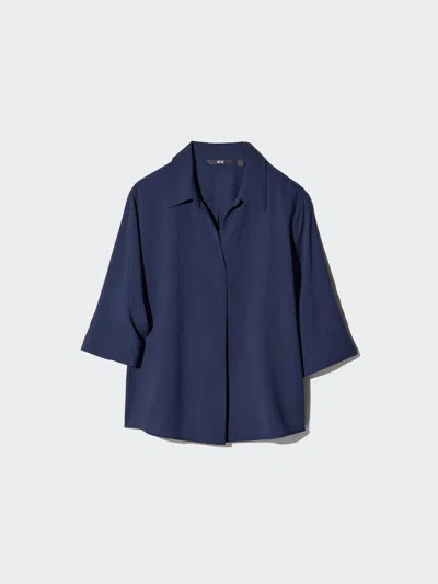 Uniqlo Women's Rayon Skipper Collar Blouse 3/4 Sleeve, Navy, Medium In Blue