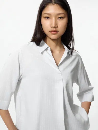 Uniqlo Women's Rayon Skipper Collar Blouse 3/4 Sleeve Striped, Light Gray, 2xl In White