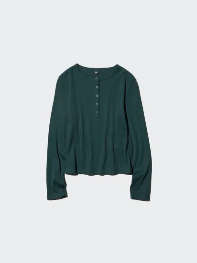 Uniqlo Women's Ribbed Henley Neck T-shirt, Dark Green, 2xl
