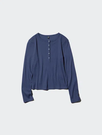 Uniqlo Women's Ribbed Henley Neck T-shirt, Navy, Medium In Blue