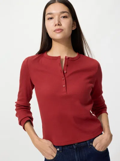 Uniqlo Women's Ribbed Henley Neck T-shirt Red Xl  Us