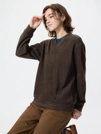 Uniqlo Women's Ribbed Knitted Fleece V-neck T, Dark Brown, 2xs