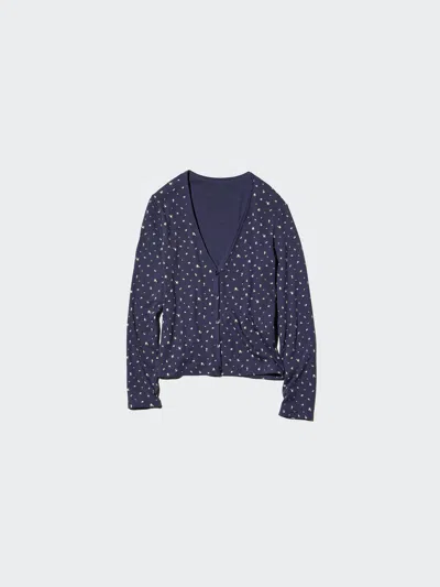 Uniqlo Women's Ribbed V-neck Cardigan Flower, Navy, Xs In Blue