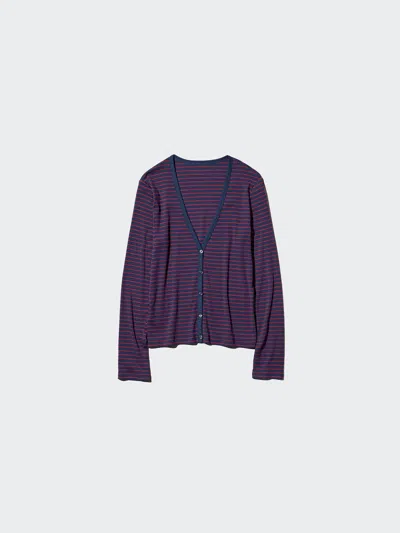 Uniqlo Women's Ribbed V-neck Cardigan Stripe, Navy, Large In Purple
