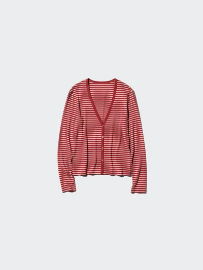 Uniqlo Women's Ribbed V-neck Cardigan Stripe, Red, Xl In Brown