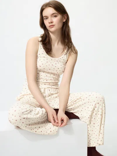 Uniqlo Women's Ribbed Wide Easy Pants Flower, Off White, Xs
