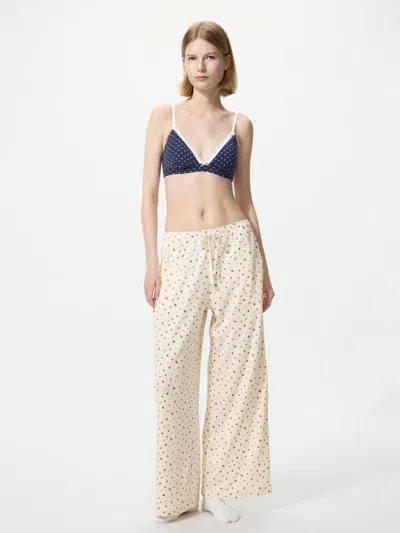 Uniqlo Women's Ribbed Wide Easy Pants Flower Tall, Off White, Medium
