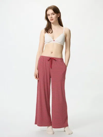 Uniqlo Women's Ribbed Wide Easy Pants Stripe, Red, Xs