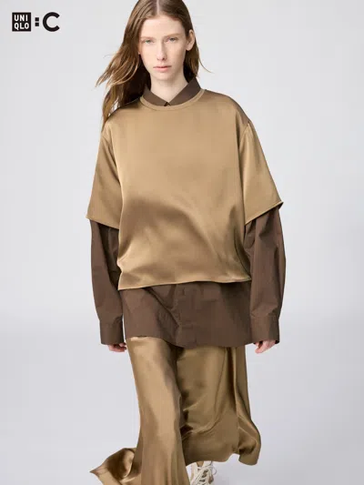 Uniqlo Women's Satin Oversized Short Blouse Half Sleeve Beige Xl  Us In Brown