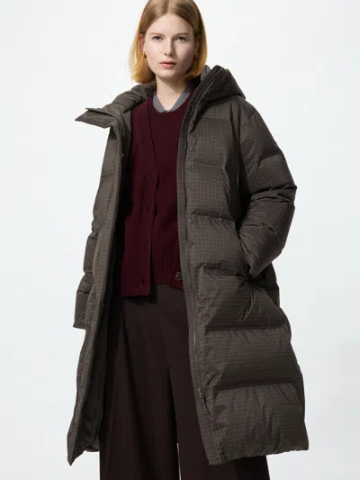 Uniqlo Women's Seamless Down Long Coat Pattern, Dark Brown, 2xs
