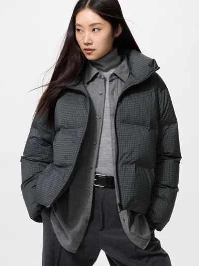 Uniqlo Women's Seamless Down Short Jacket Checked With Water-repellent Gray Large  Us