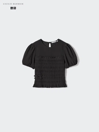Uniqlo Women's Shirring Volume Sleeve T-shirt, Black, 2xl
