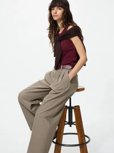 Uniqlo Women's Smart Wide Straight Pants Check, Brown, 2xs
