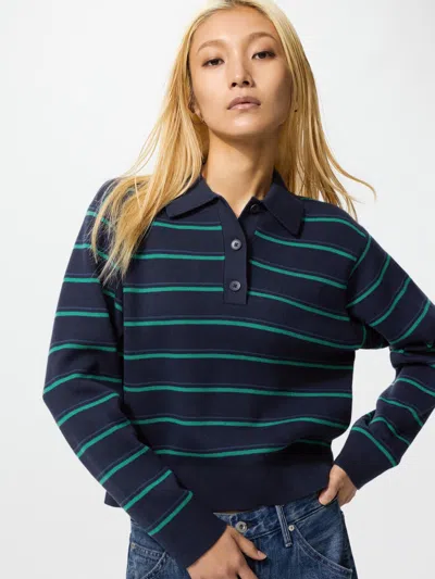 Uniqlo Women's Smooth Cotton Polo Sweater Striped Navy Xl  Us In Blue