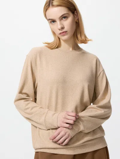 Uniqlo Women's Soft Knitted Fleece T-shirt Long Sleeve Beige Xl  Us In Brown